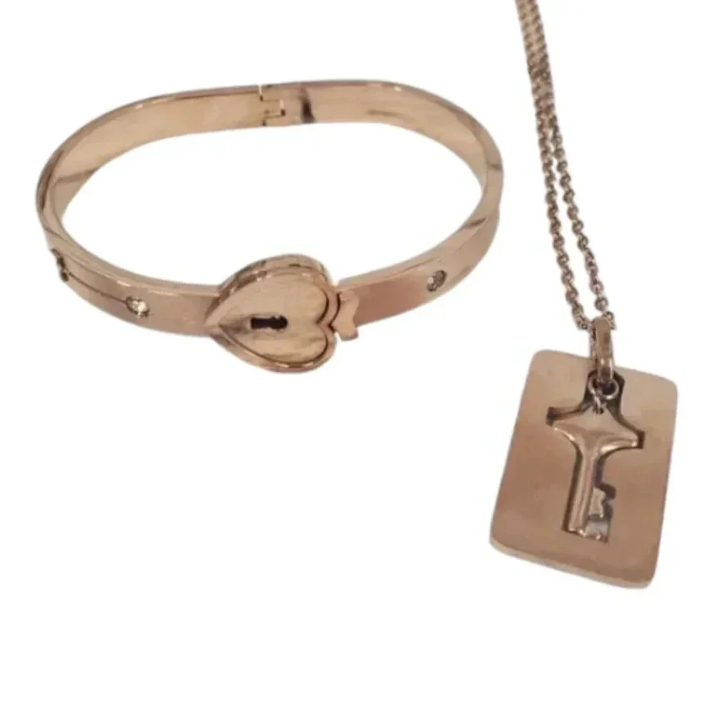 Rose Gold Lock and Key Bracelet and Necklace Couples Jewelry